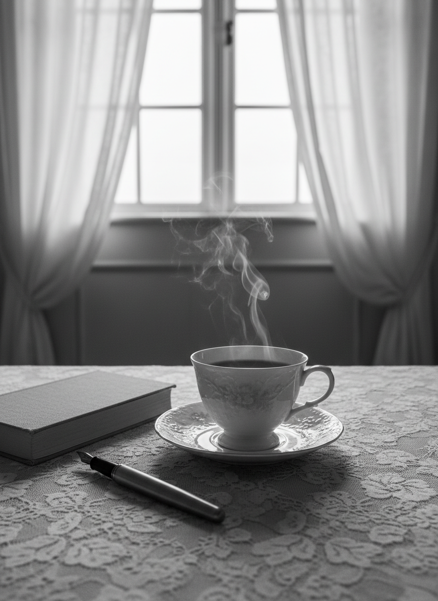 An elegant porcelain teacup with a delicate, slightly flared rim rests on a matching saucer atop a lace-covered table near a tall mullioned window. Steam curls upward in soft, translucent tendrils, dissolving into the dim, gray-toned air. Beside the cup lies a single closed, cloth-bound book and a fountain pen, both carefully arranged but unused, suggesting a pause in writing or reading. Overcast daylight filters through sheer curtains, creating diffused, velvety light with almost no harsh shadows. Photographic black-and-white realism, captured from a slightly elevated angle with balanced framing. The mood is introspective, refined, and timeless, perfect for poetry, reflective blog entries, and quiet, character-driven fiction.
