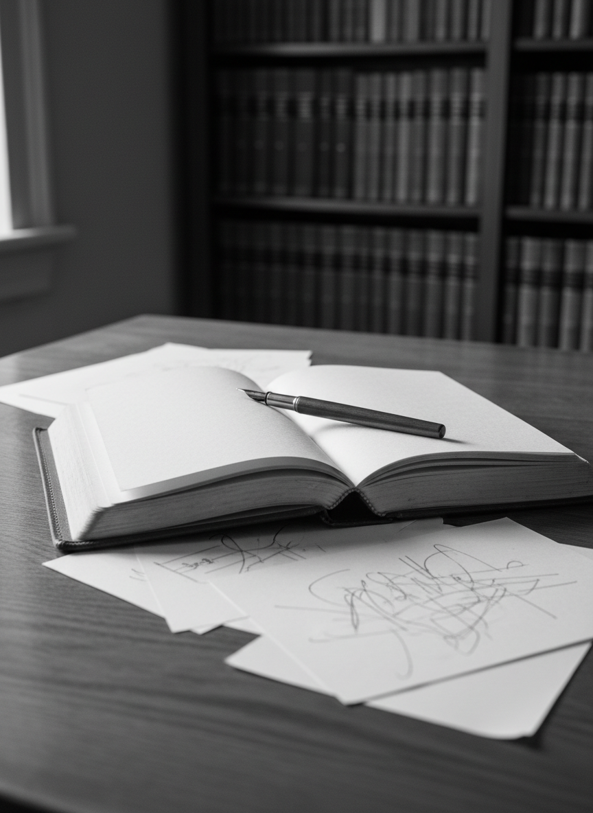 A finely crafted leather-bound journal lies open on an antique wooden writing desk, its creamy blank pages catching subtle textures in the grain. A dark metal fountain pen rests diagonally across the center, a tiny glint on its nib. Around it, scattered sheets with faint, unreadable markings suggest drafts of fiction and poetry without showing any clear text. Soft, directional light pours in from an unseen window to the left, creating long, gentle shadows and a quiet chiaroscuro effect. The background fades into a blurred bookcase of hardbound volumes. Photographic black-and-white realism, eye-level composition, shallow depth of field, and a restrained, contemplative mood that evokes a sophisticated literary blog.