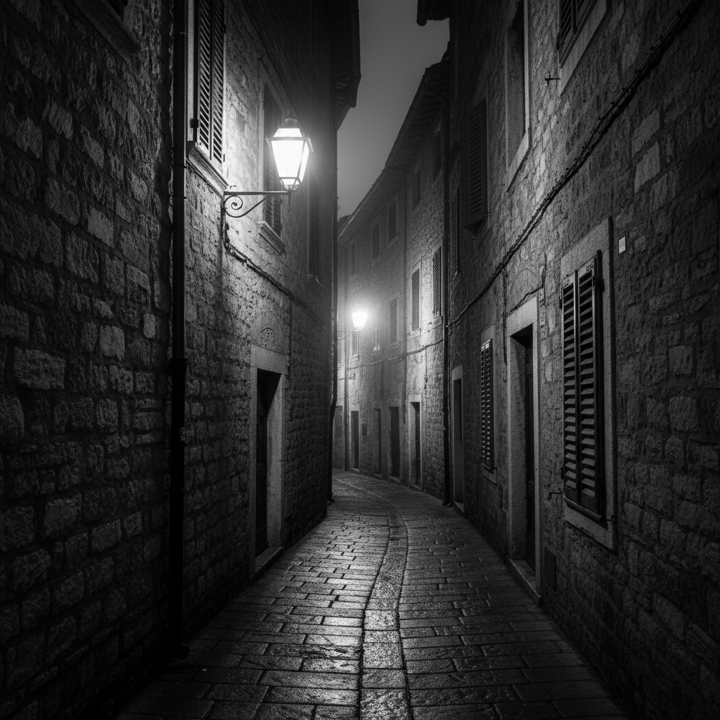 A narrow, cobblestone alley in an old European-style town curves softly into the distance, the stones slick with recent rain and glistening in silvery reflections. High stone walls and shuttered windows lean inwards, creating a sense of intimate enclosure and narrative possibility. A single wrought-iron lantern on the wall provides the primary light source, casting a cone of gentle illumination and deep, nuanced shadows that suggest mystery rather than fear. Photographic black-and-white realism, shot at street level with a strong leading line perspective pulling the viewer forward. The atmosphere is sophisticated, moody, and cinematic, evoking the world-building of dark, literary fiction without any modern or casual elements.