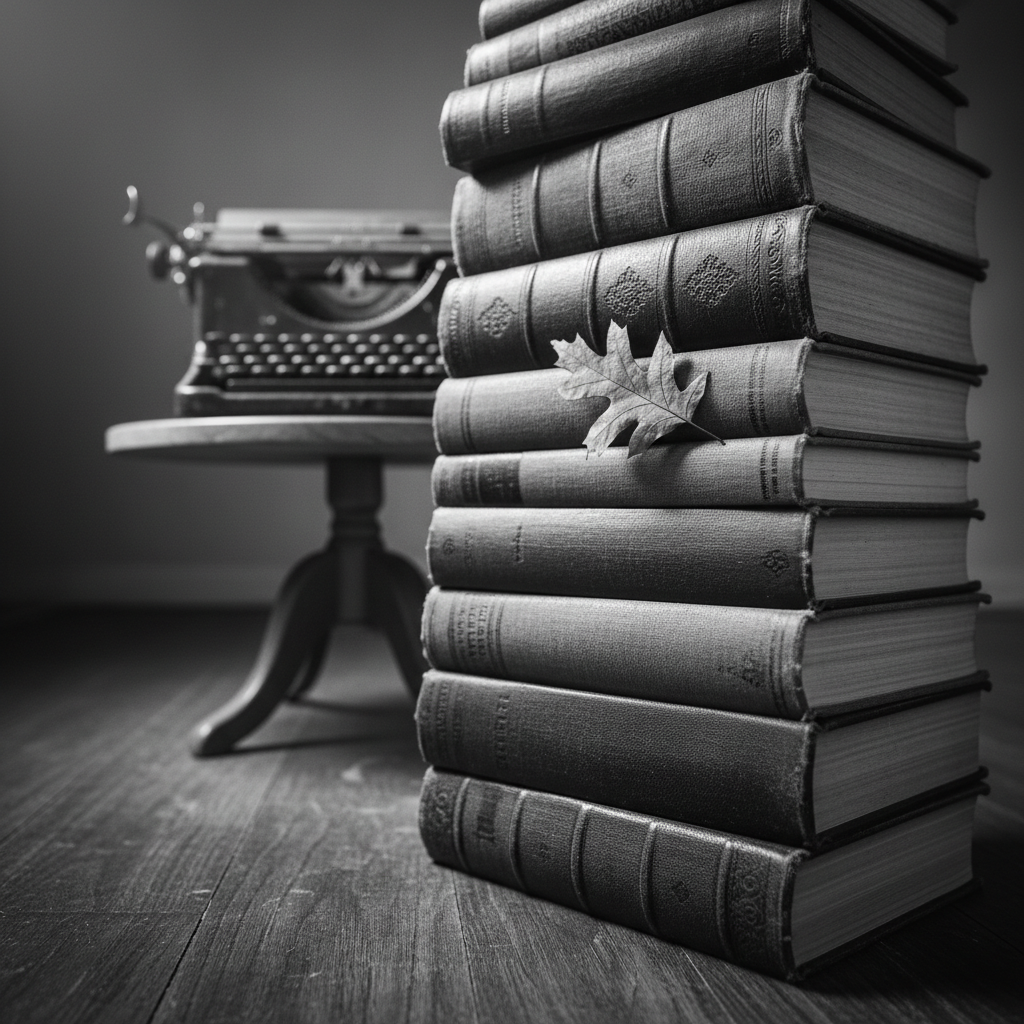 A tall stack of classic hardback books with weathered cloth covers rises from a dark wooden floor, each spine subtly textured but with titles indistinct, emphasizing form over text. A single dry pressed leaf is tucked between two volumes, slightly protruding. Behind, an old-fashioned typewriter sits out of focus on a small table, its metal body catching silver highlights. Diffused side lighting creates soft, elongated shadows and a gentle gradient of grays, enhancing the black-and-white palette. Shot from a low, slightly upward angle to give the stack a monumental, almost cathedral-like presence. Photographic realism with a calm, reverent mood, conveying the gravity and depth of serialized fiction and thoughtful essays.